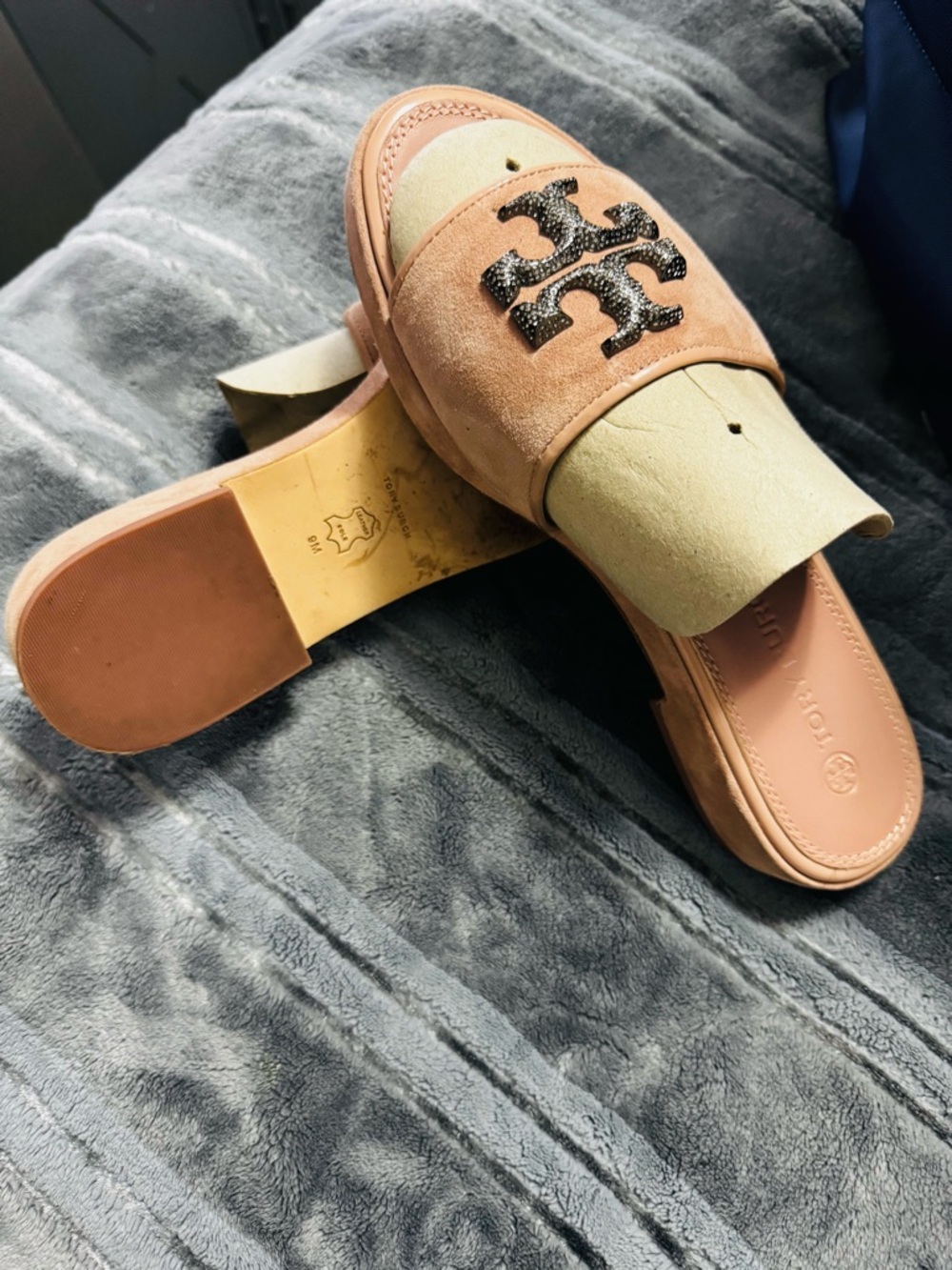Tory Burch Blush Pink Suede Slide Sandals with Rhinestone Logo - Picture 4 of 5